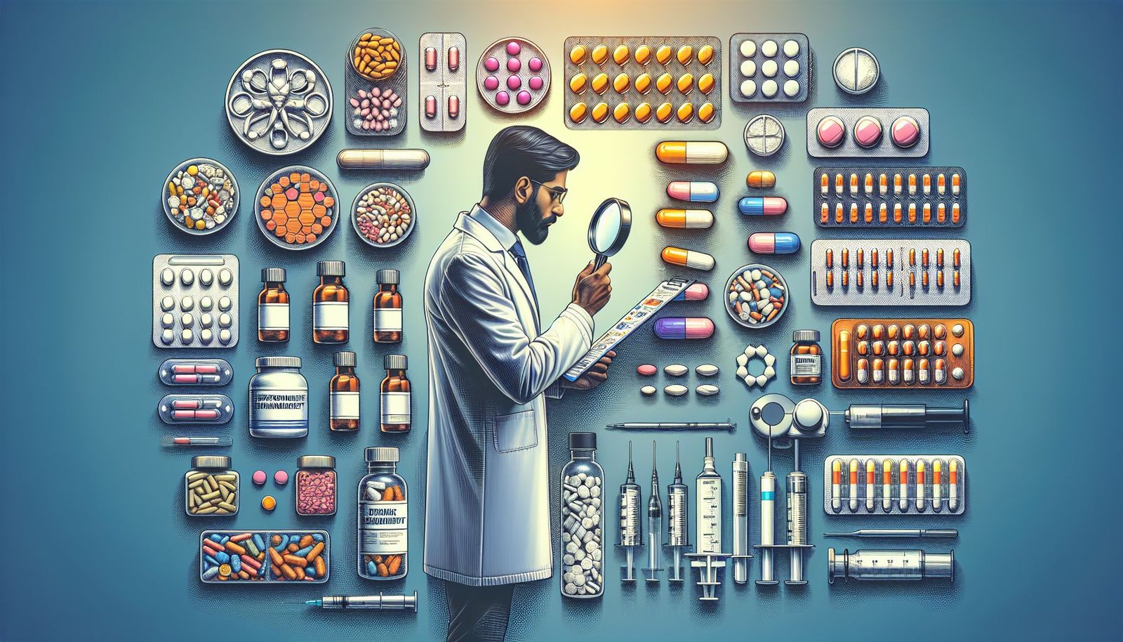 Assorted performance enhancement drugs, capsules and vials arranged on a medical table